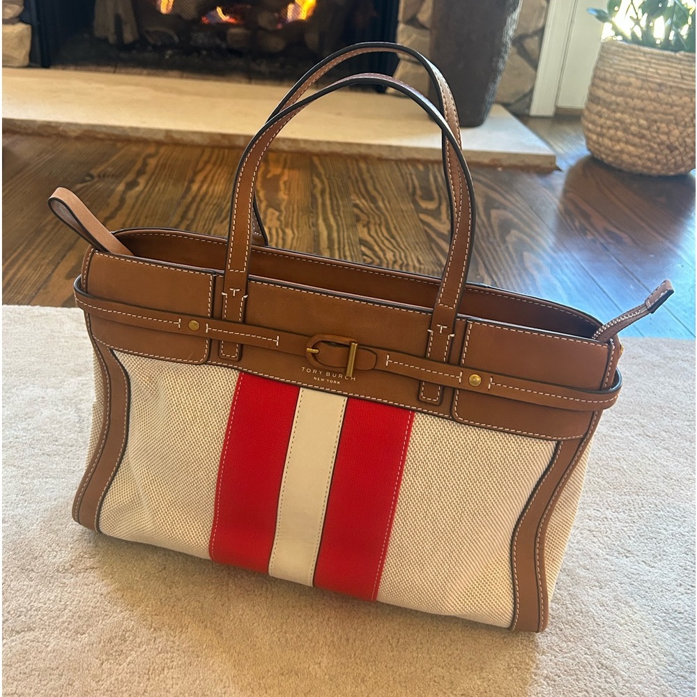 Tory Burch Maritime Nautical Handbag Crossbody Canvas Leather Red Tan Stripe